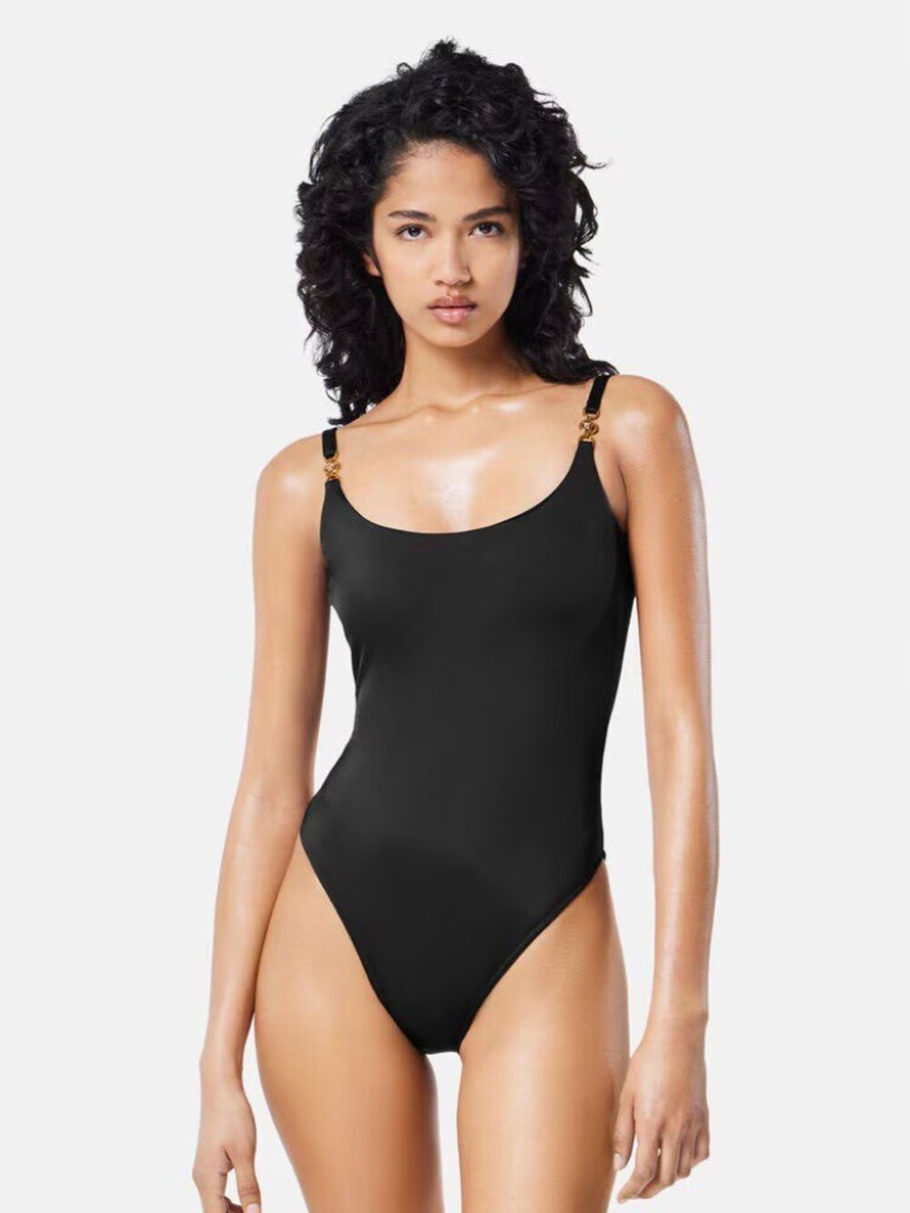 Versace Black One-Piece Swimsuit with Gold Strap Hardware